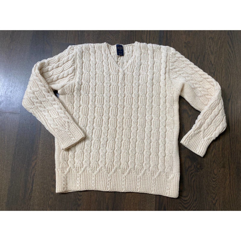 Paul James England 100% Wool Chunky V Neck‎ Cable Fisherman Sweater~L
